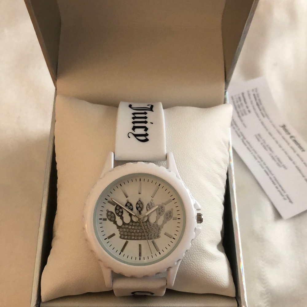 Juicy Couture Black Label White Rubber Band White Face Silver Tone Crystal NIB